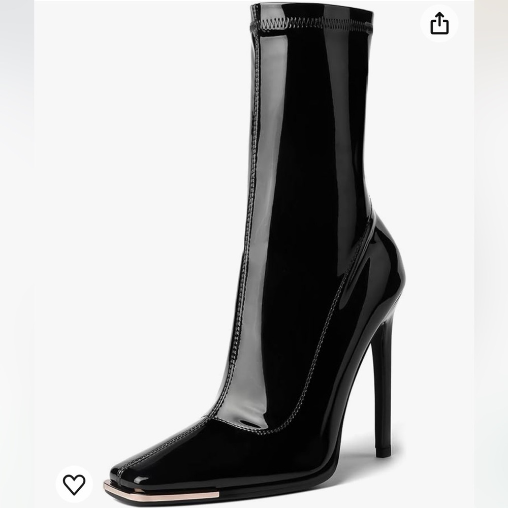 REITOYE black Faux Patent Leather Mid Calf Boots Sz 8 Women Square Toe Heels 4.5